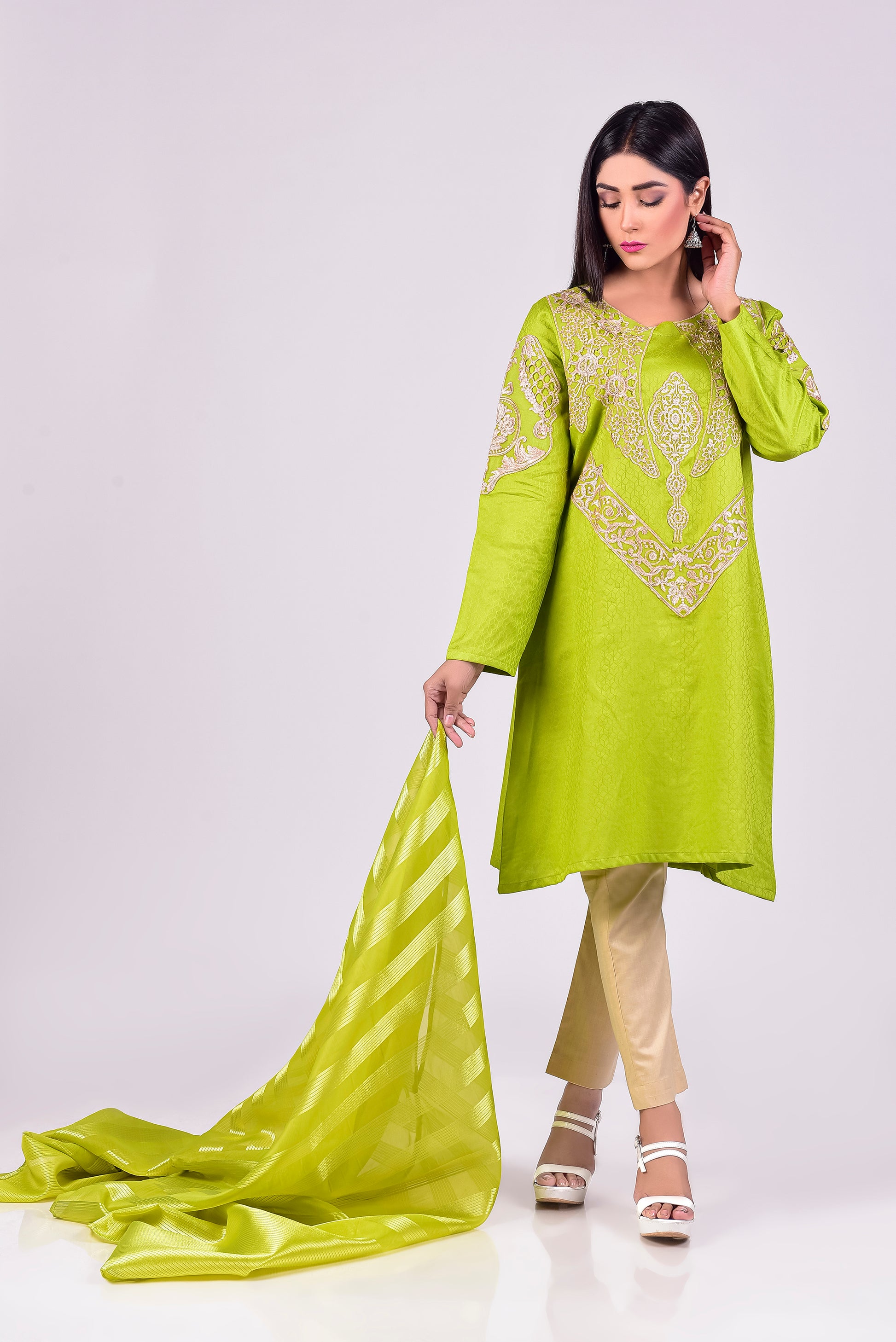 LIME GREEN EMBROIDERED-3PIECE - Mosaic