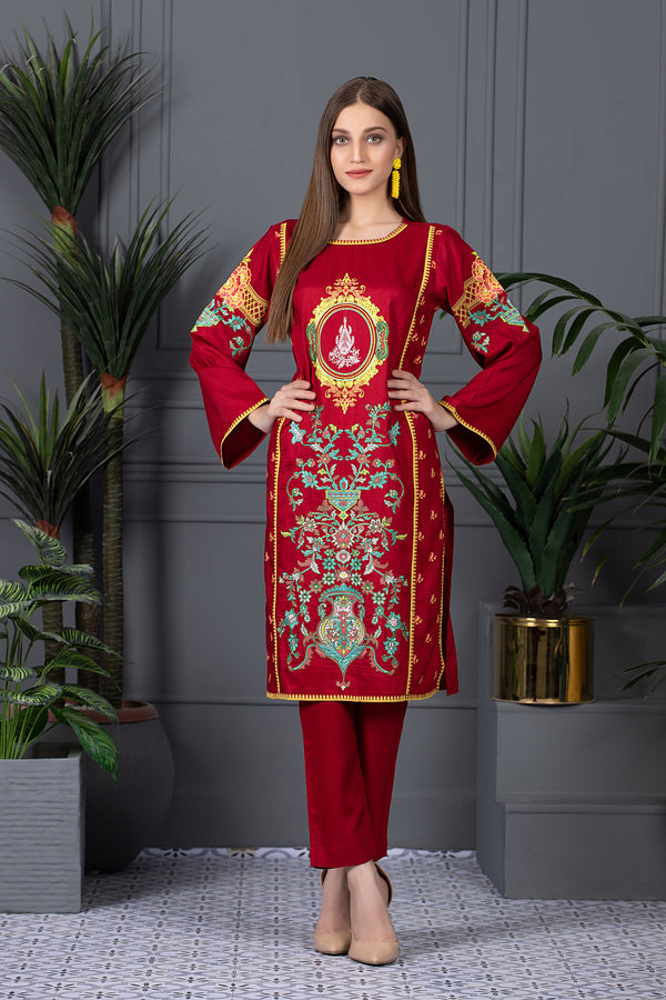 RED-2 PIECE RAW SILK